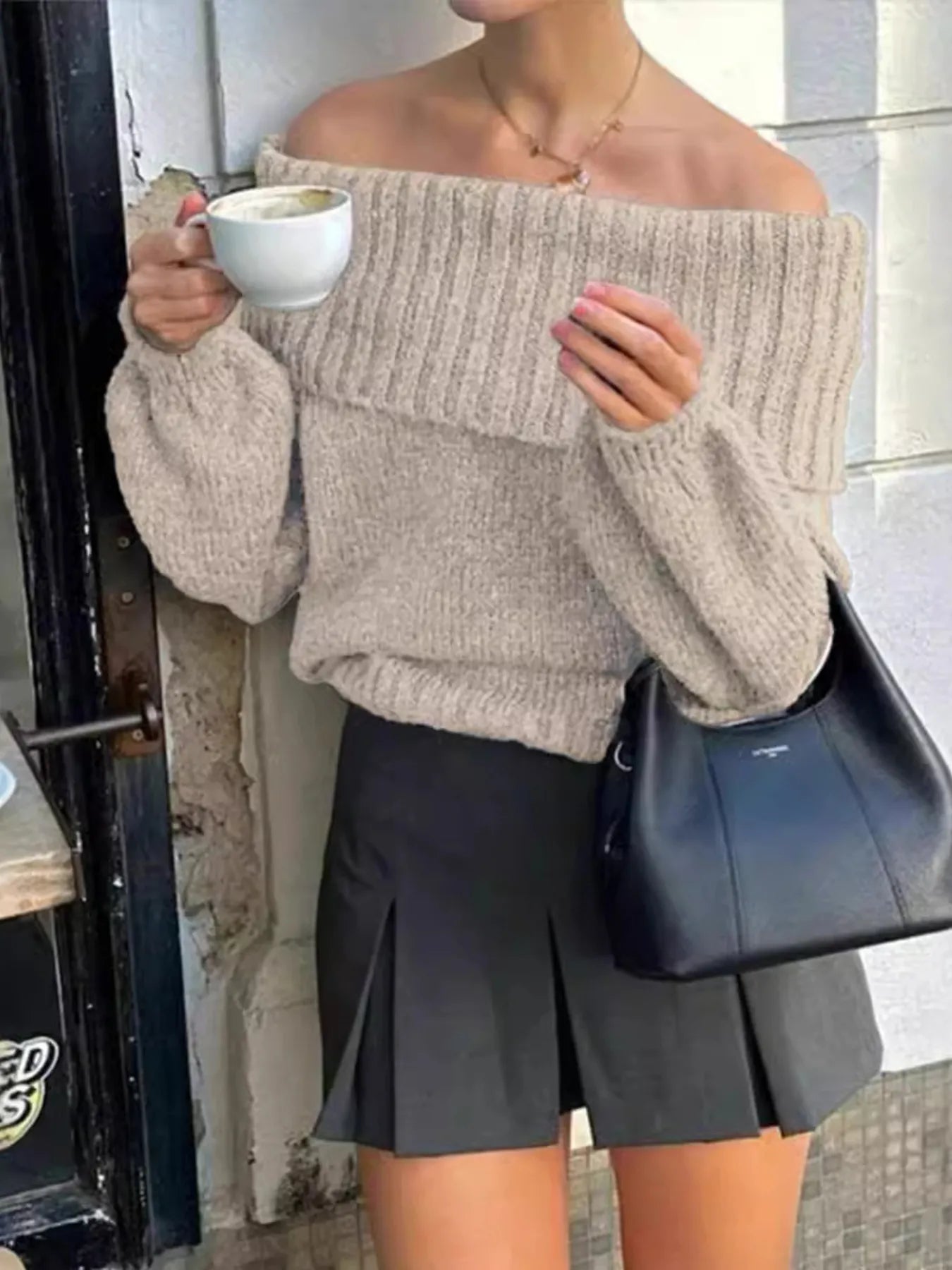 Off-Shoulder Ribbed Long Sleeve Sweater - Fashorio