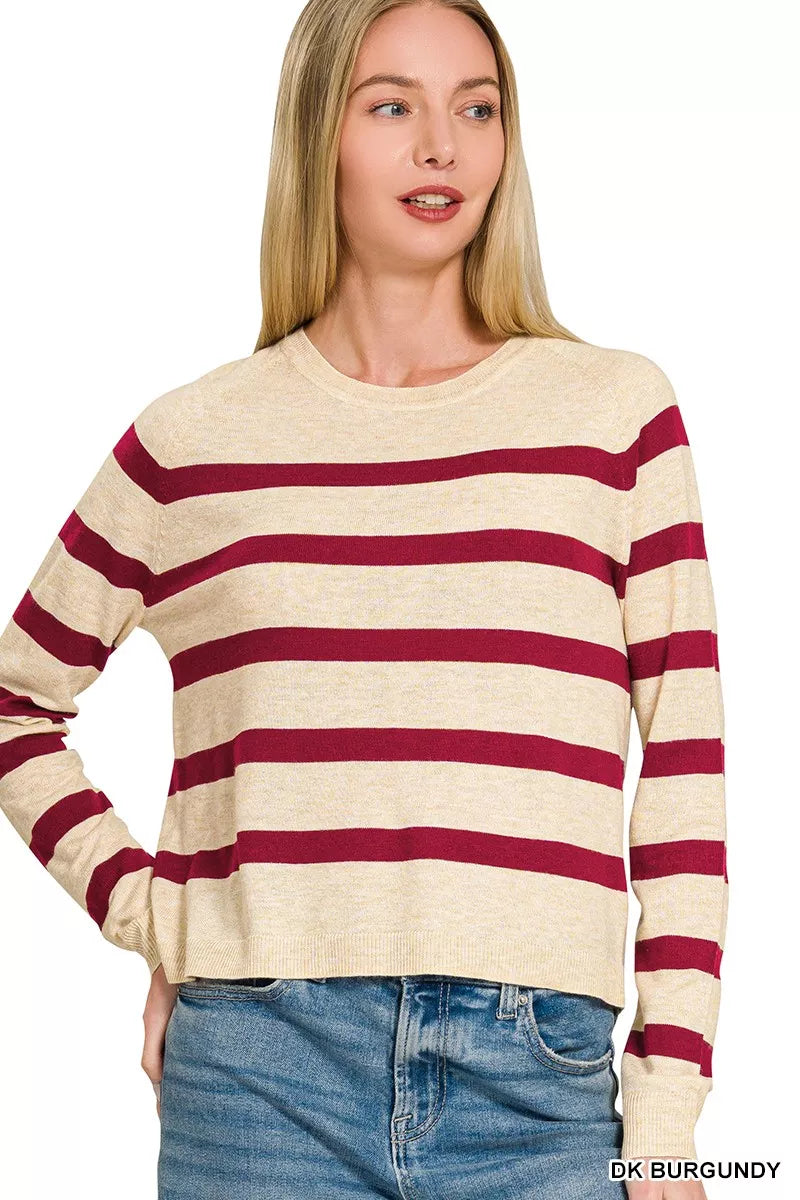Burgundy striped wool blend sweater front view