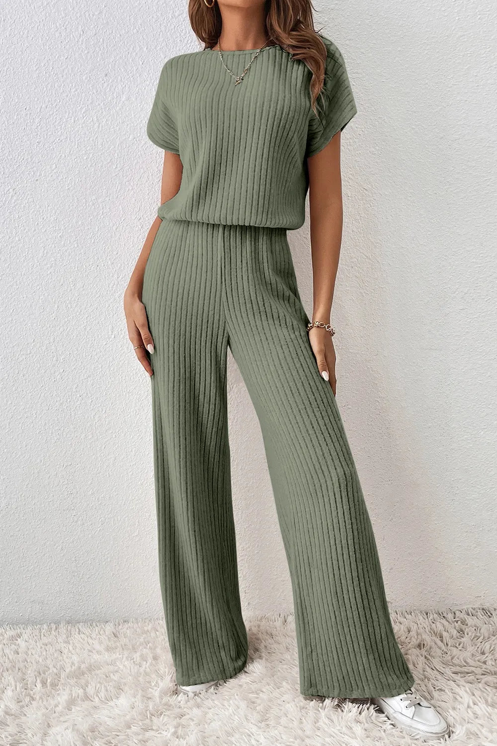 Ribbed Short Sleeve Wide Leg Jumpsuit - Fashorio