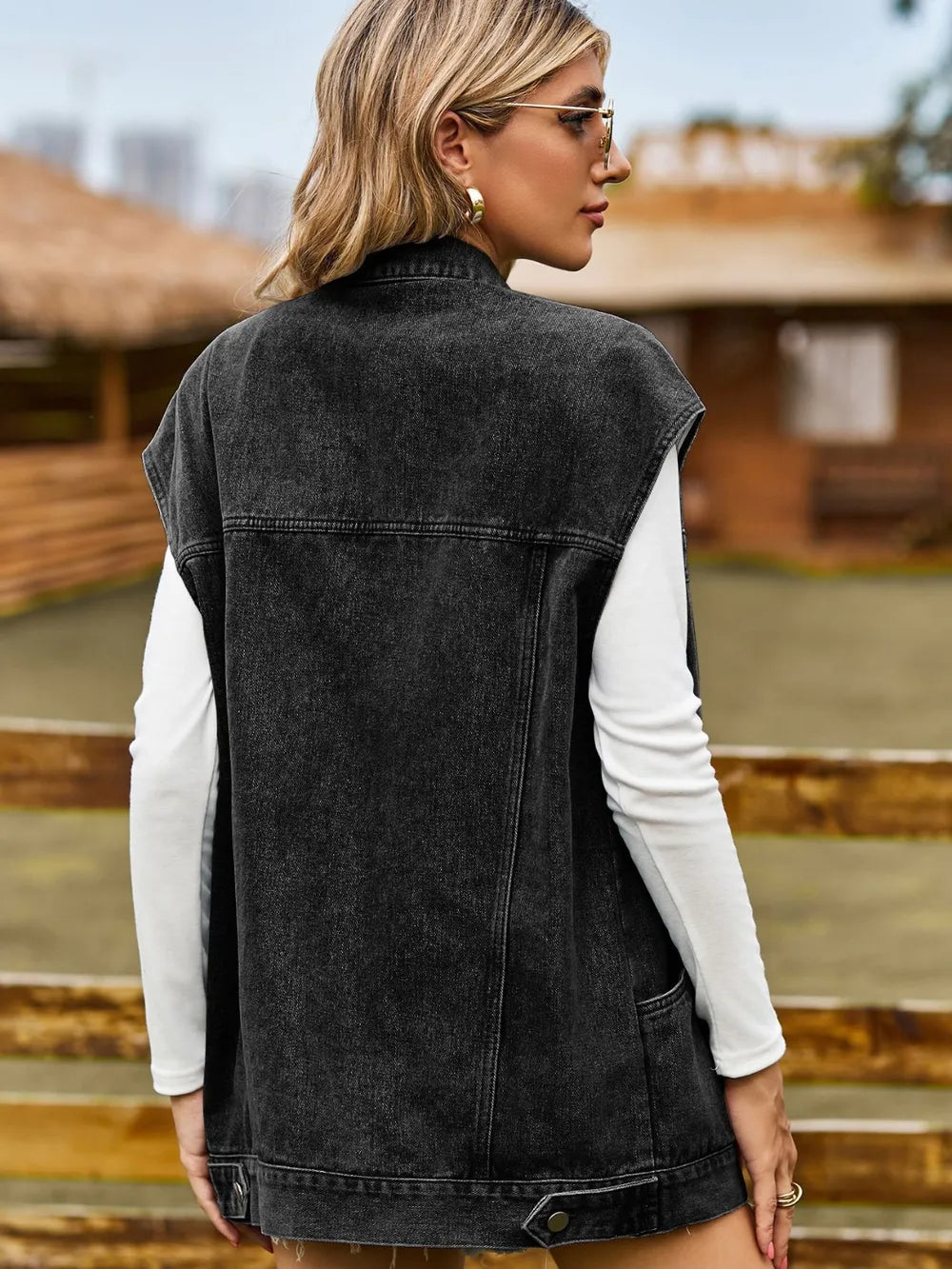 Button Up Collared Neck Sleeveless Denim Jacket - Fashorio