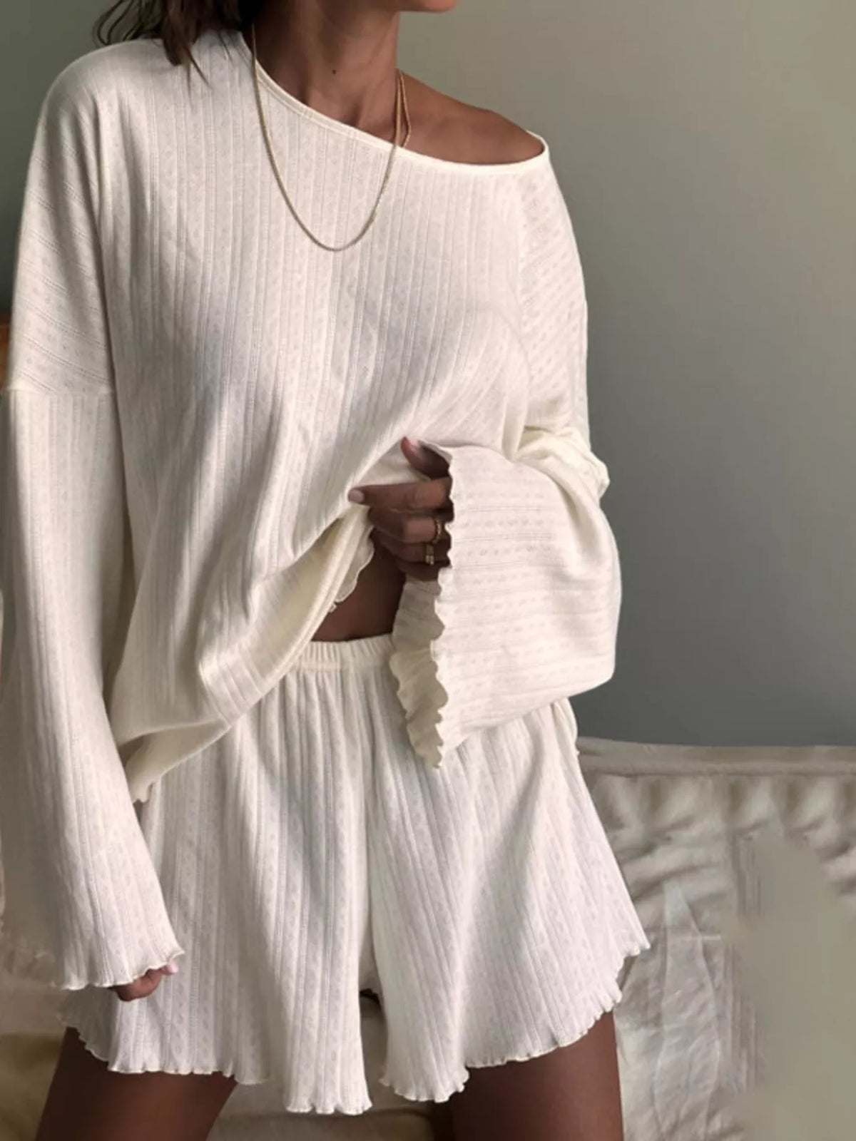 Off white ribbed knit long sleeve top and shorts lounge set front view