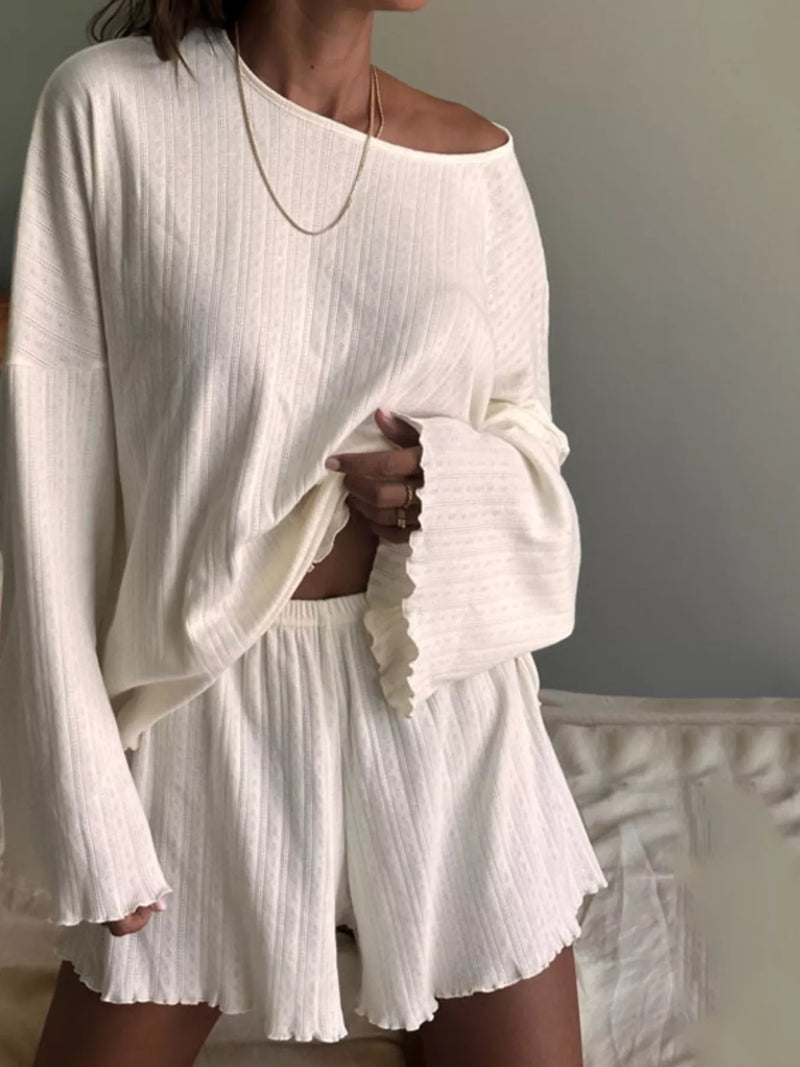 Off white ribbed knit long sleeve top and shorts lounge set front view