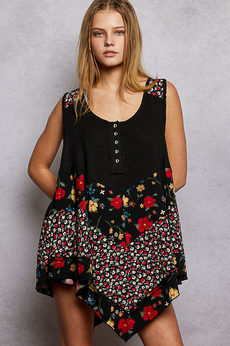 Black round neck ribbed tank with woven print patch front view