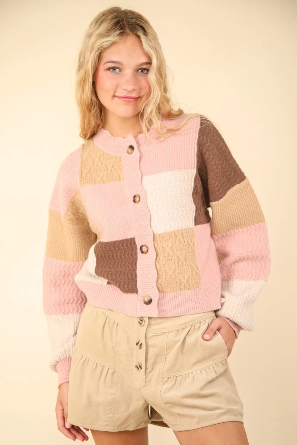 VERY J Color Block Button Down Textured Sweater Cardigan Blush - Fashorio