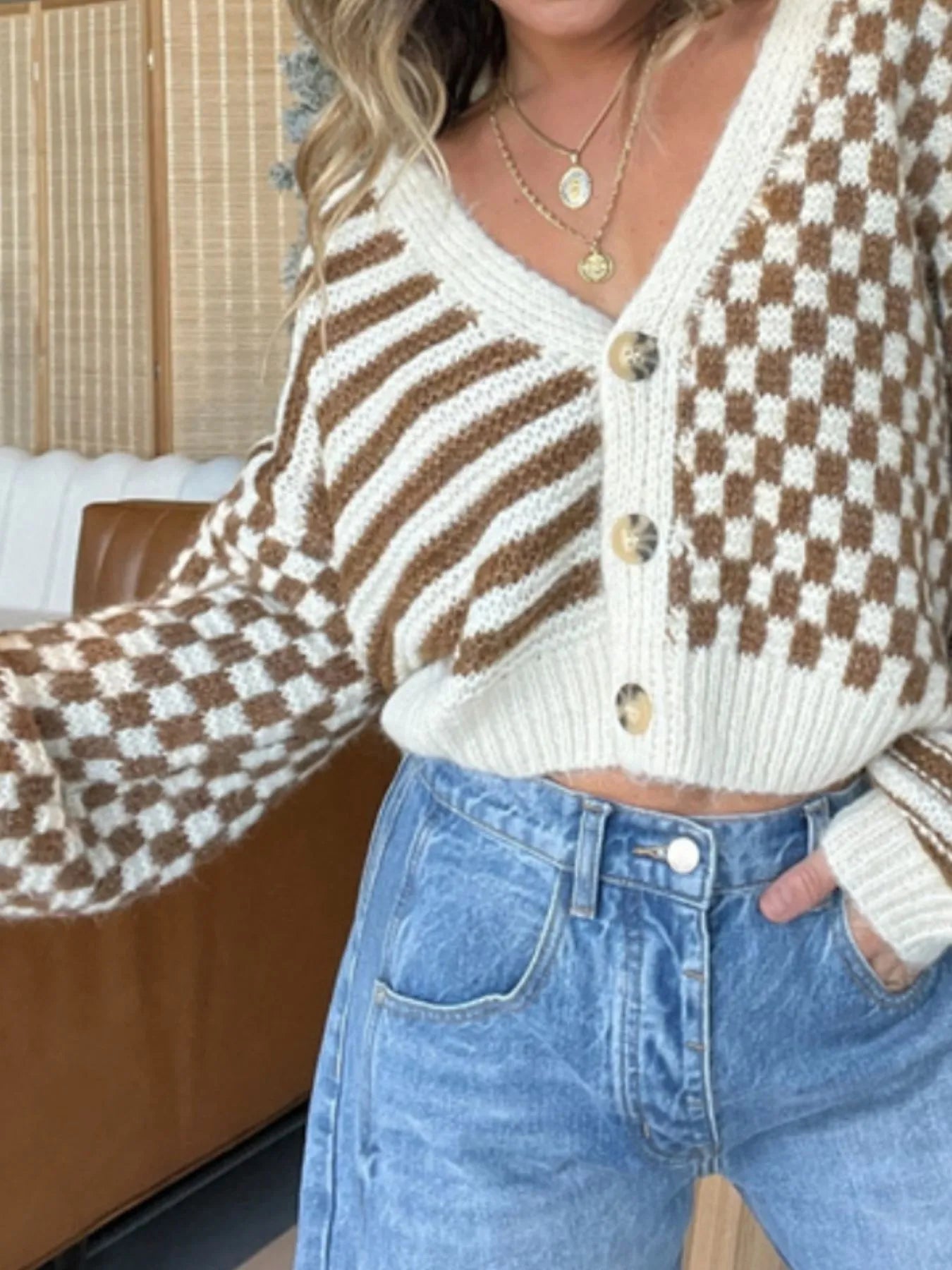 Checkered and Striped Pattern Button-Front Cropped Cardigan - Fashorio