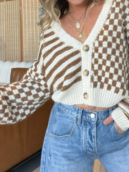 Checkered and Striped Pattern Button-Front Cropped Cardigan - Fashorio