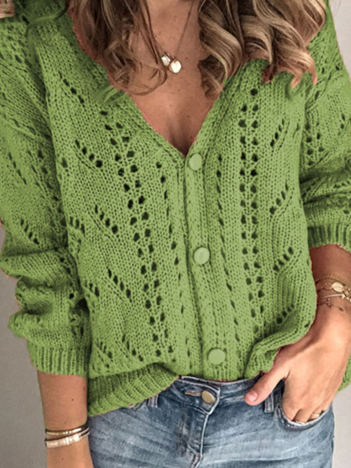 V neck openwork cardigan side view