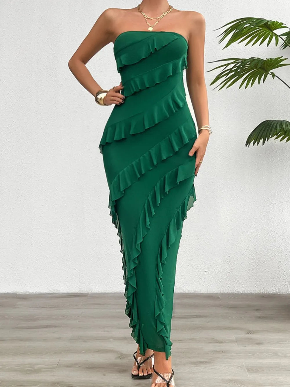 Strapless tube maxi dress with ruffled back slit, close up of the neckline