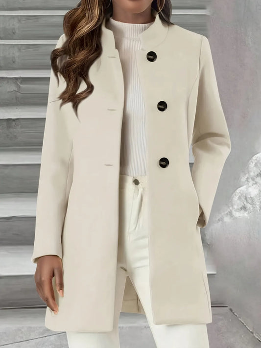 Single-Breasted Stand Collar Coat with Pocket Cream - Fashorio