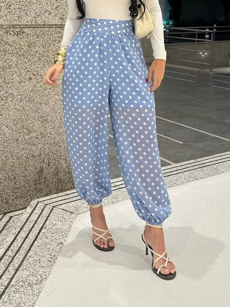 Blue polka dot wide leg pants front view