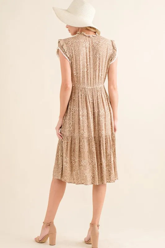 Boho printed tiered maxi dress in taupe fabric detail