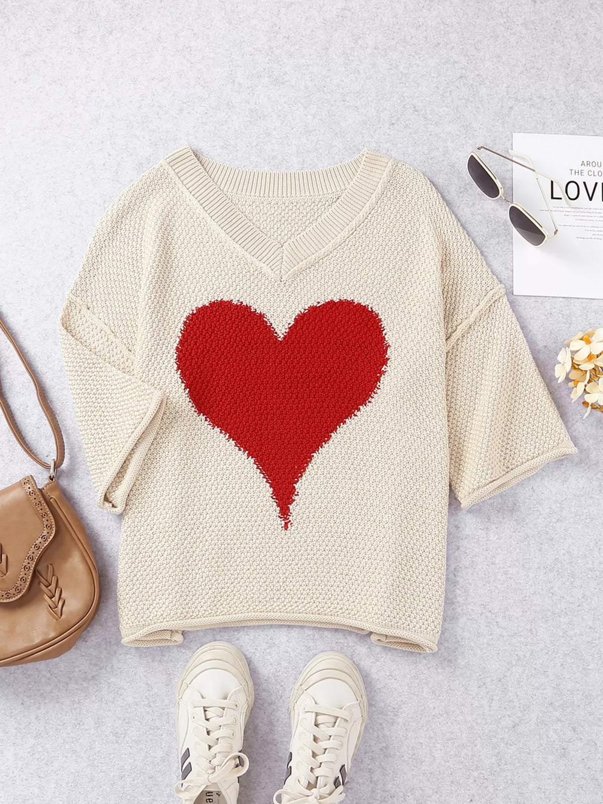 V-Neck Heart Print Valentines Sweater, view 6