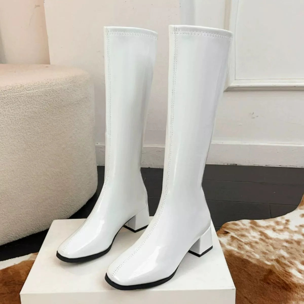 Square toe block heel boots in Off White, side profile