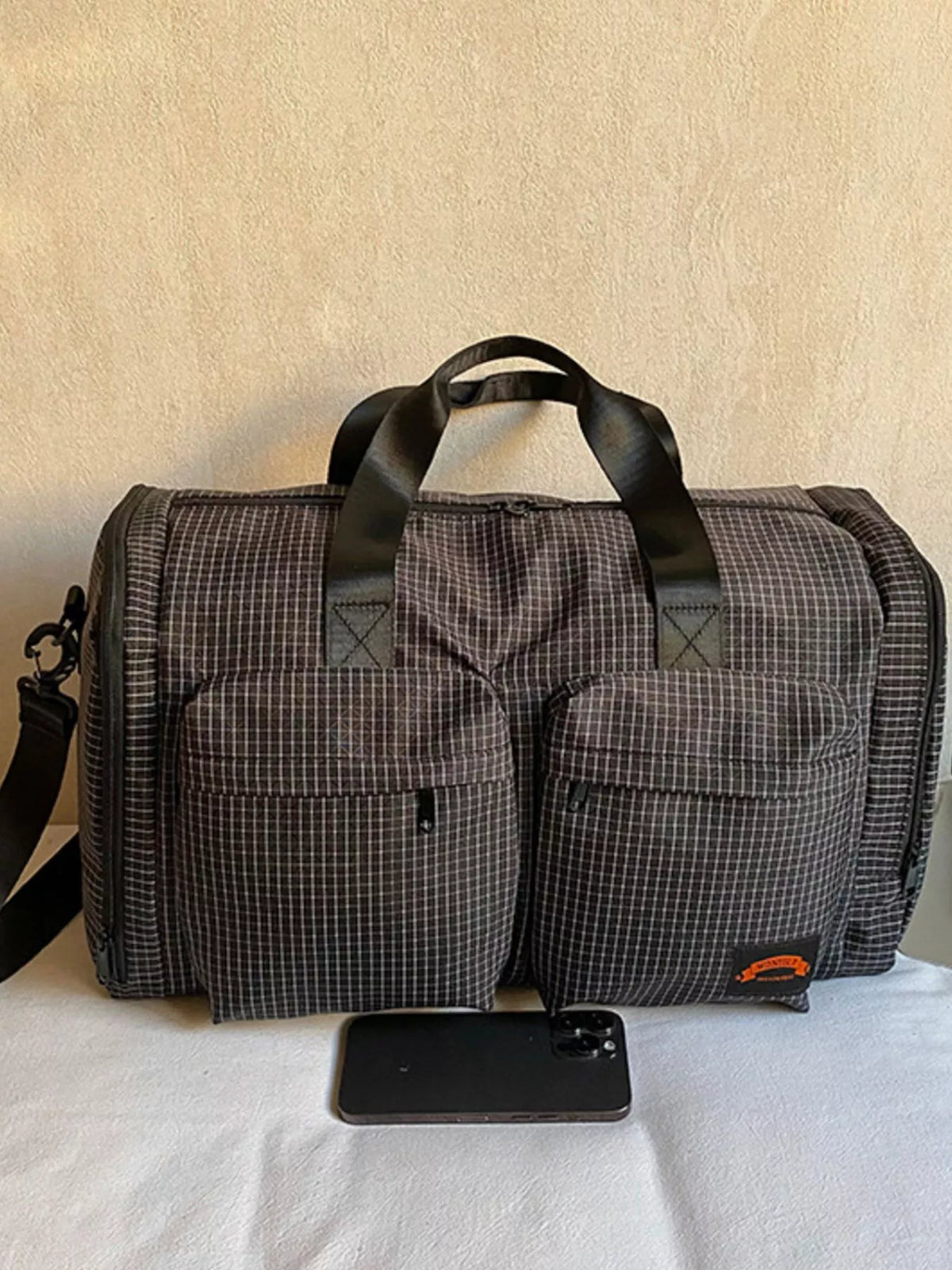 Plaid duffel bag interior view
