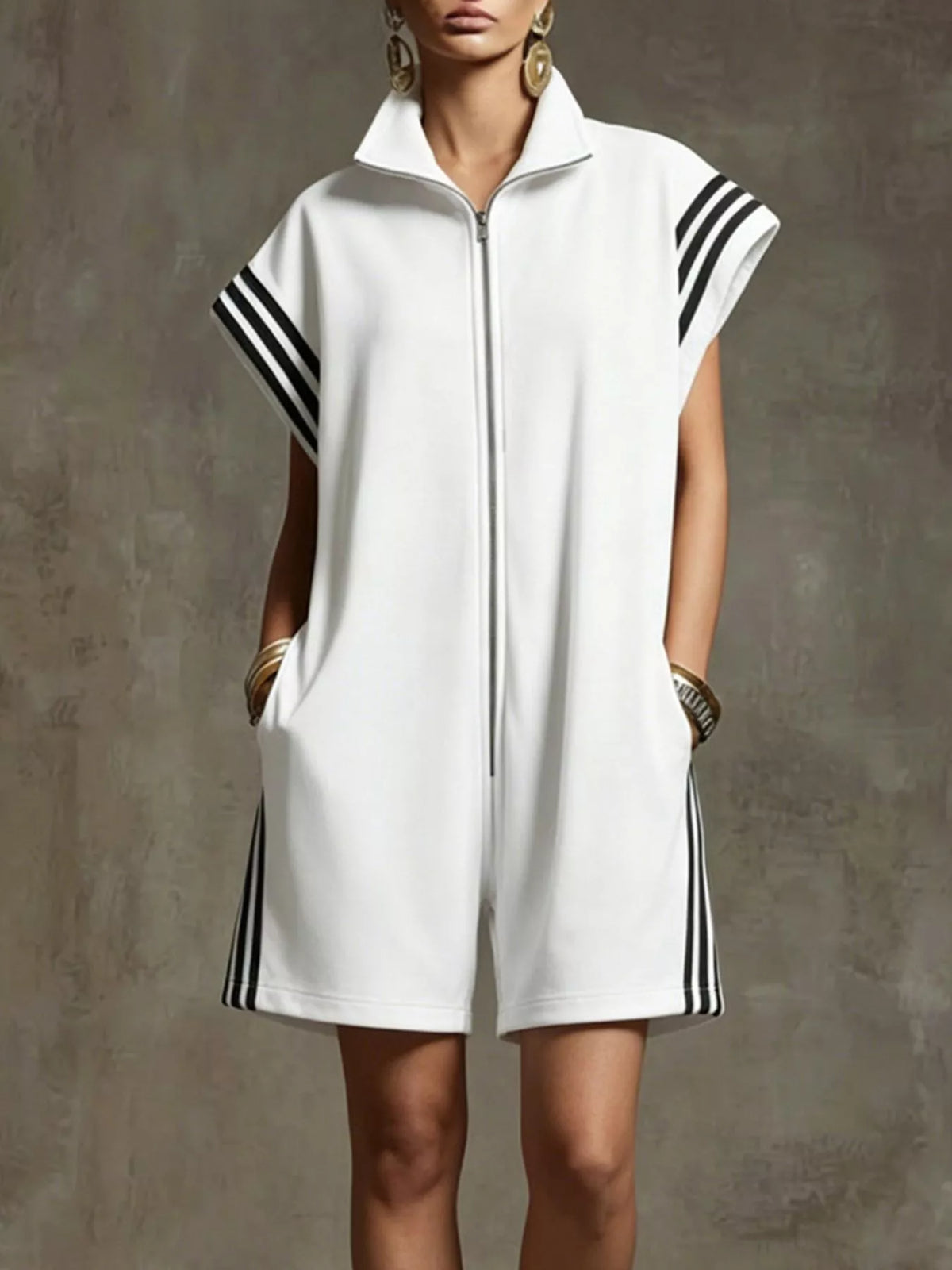 Striped zip front short sleeve romper styled view