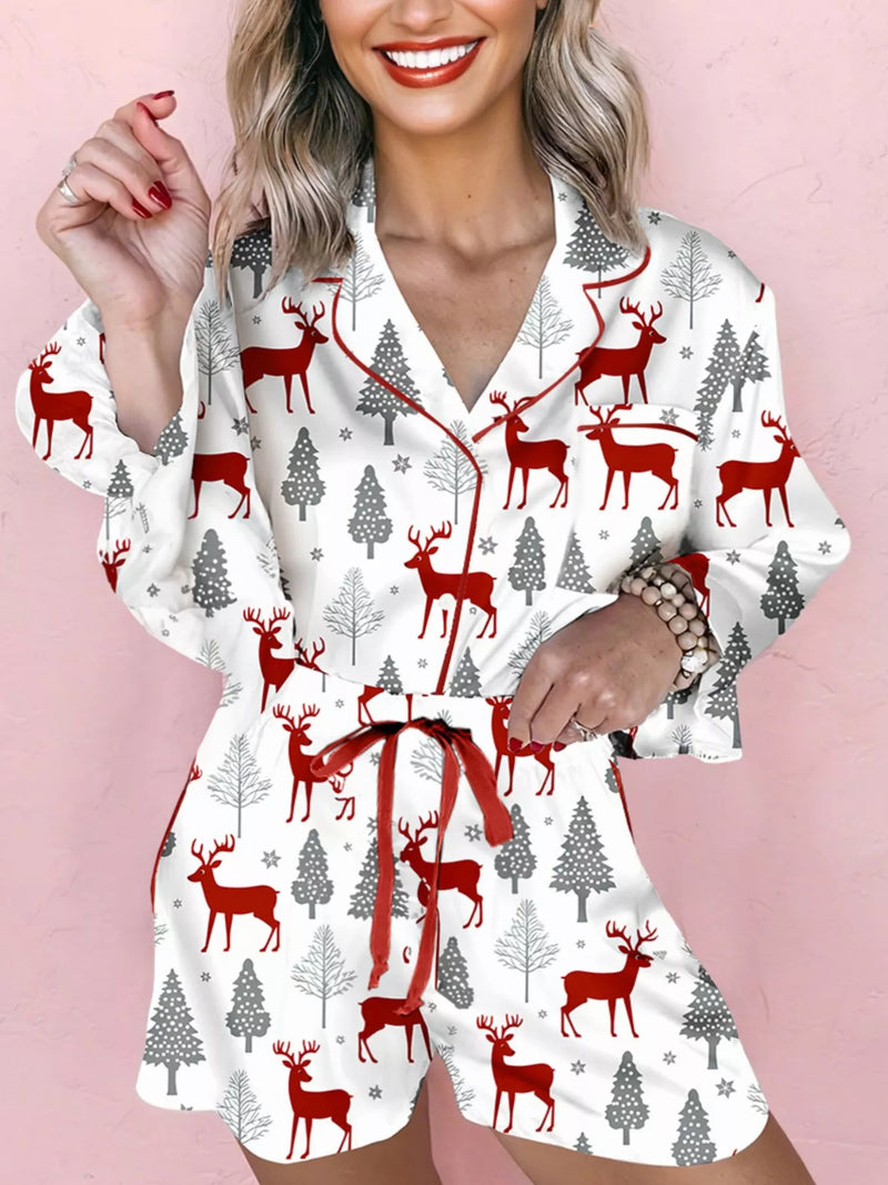 Christmas print velvet trim top and shorts pajama set front view