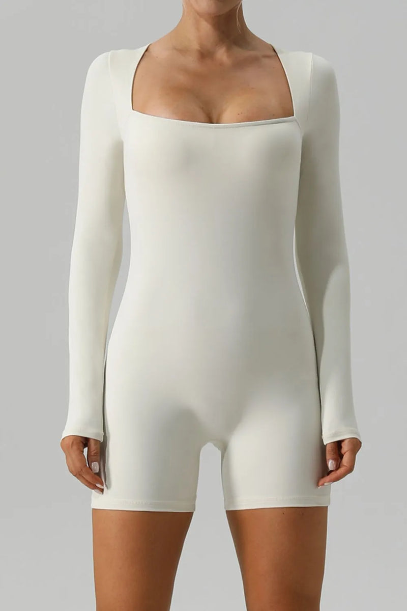 Square neck long sleeve active romper front view ivory