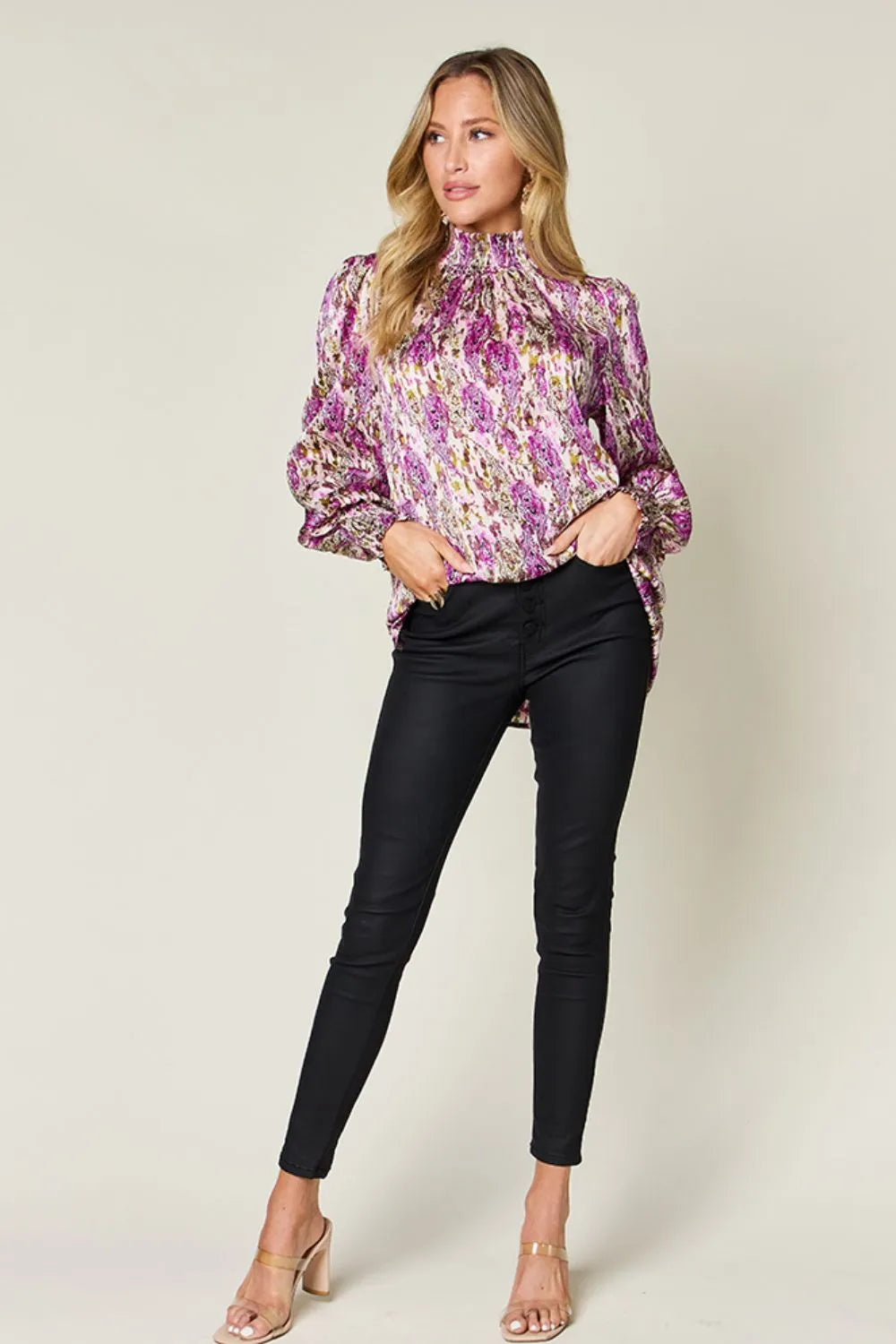 Styled view of the printed long sleeve blouse