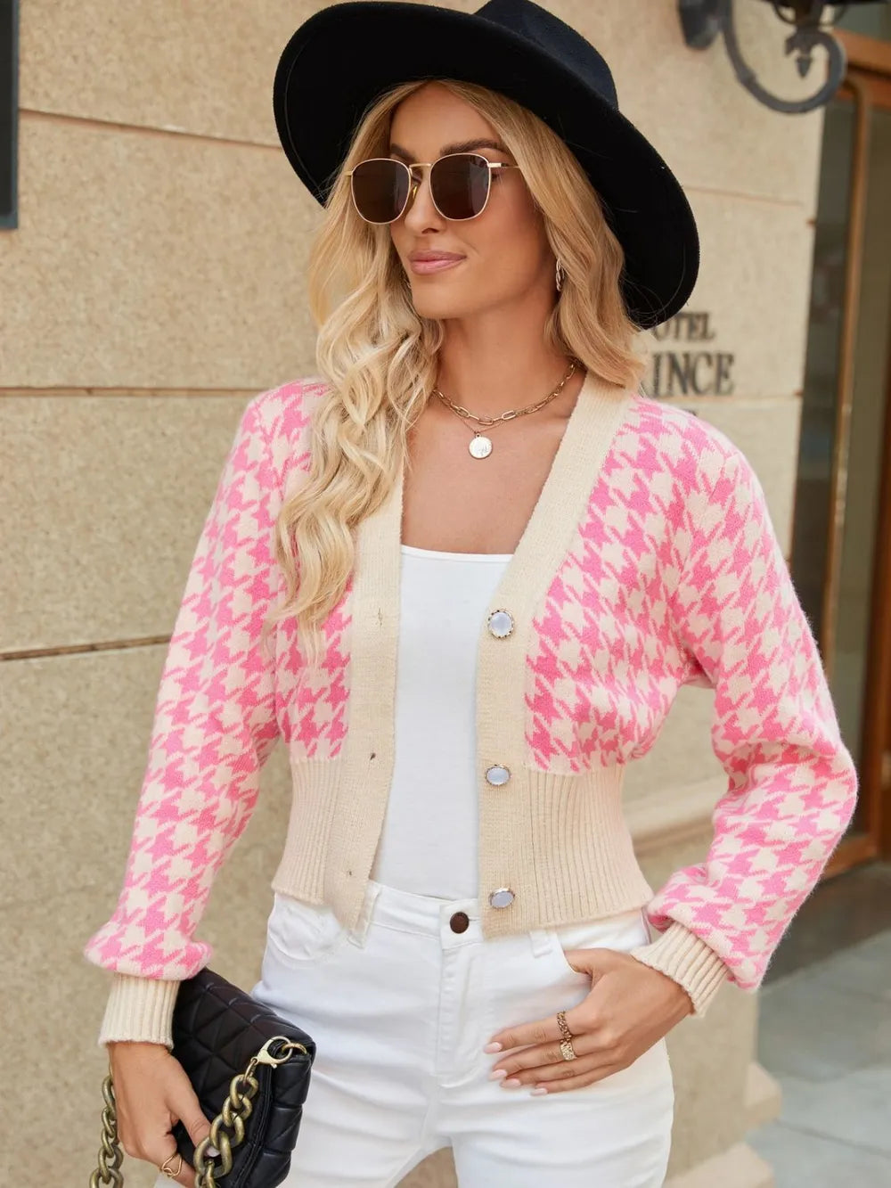 Houndstooth Button Up Long Sleeve Cardigan - Fashorio