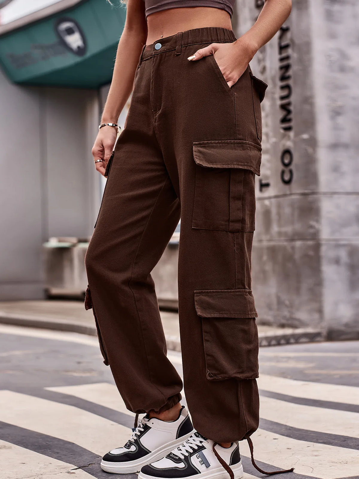 Grey wide leg cargo jeans view