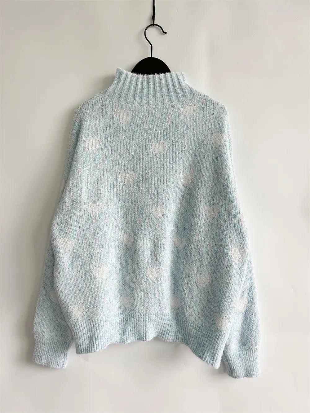 Heart Heathered Turtleneck Drop Shoulder Sweater - Fashorio