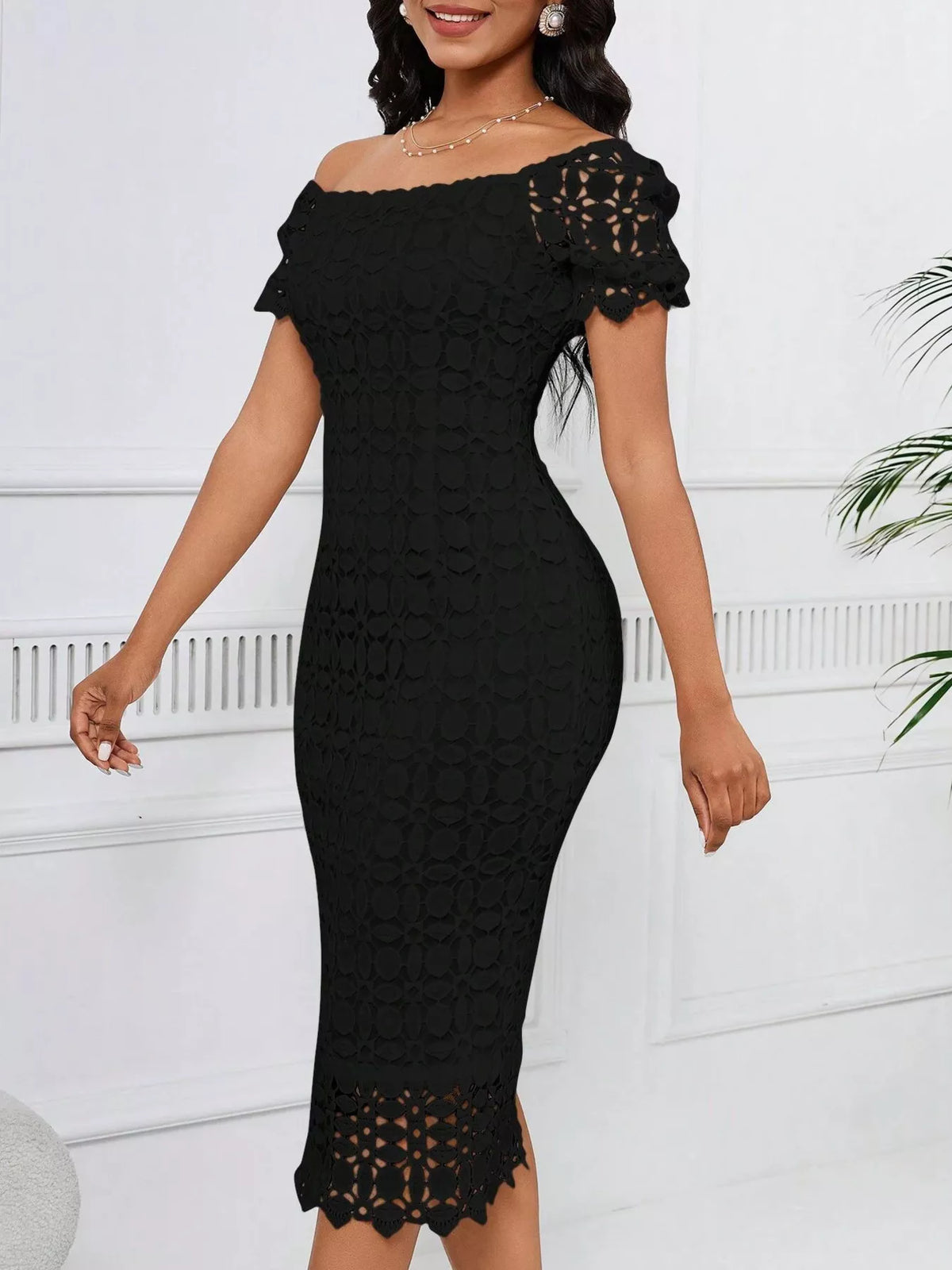 lace short sleeve midi dress hemline detail