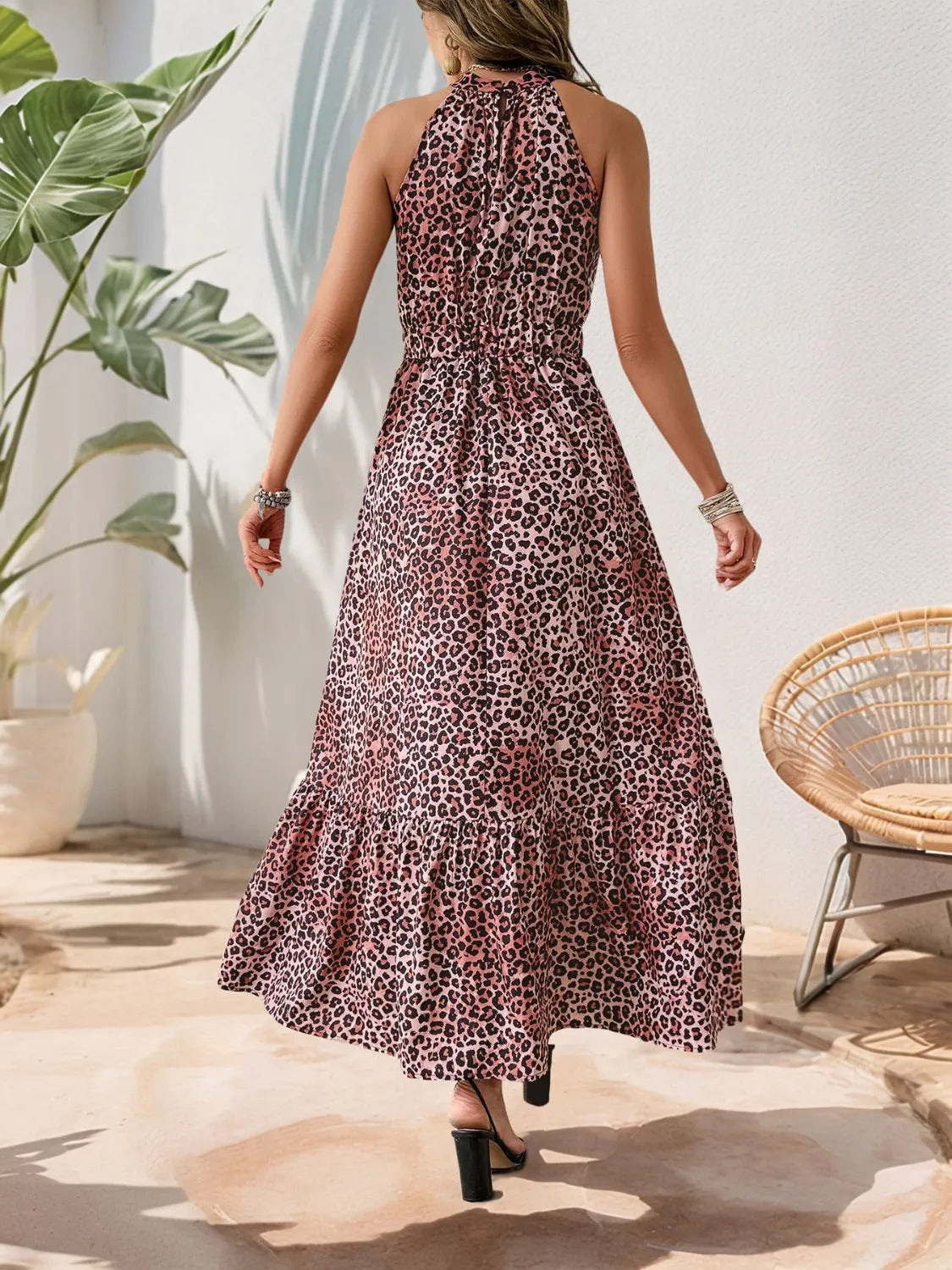 leopard butterfly grecian neck maxi dress back view