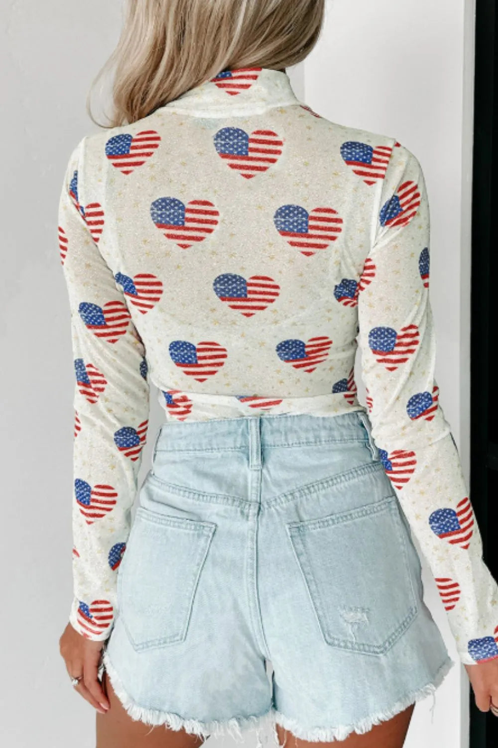 US Flag Heart Mock Neck Long Sleeve Bodysuit - Fashorio