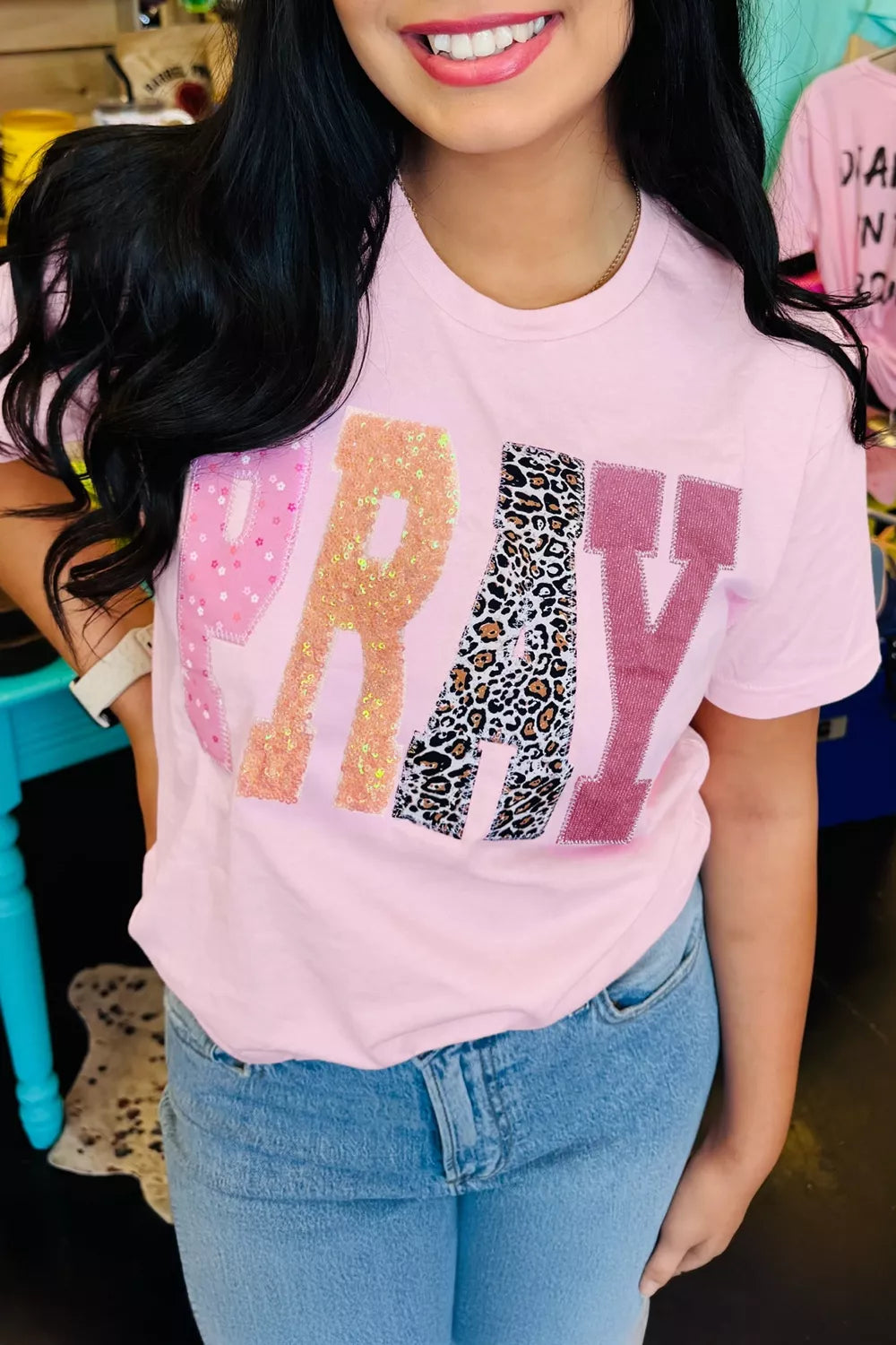 Dusty pink graphic tee sequin leopard patch detail