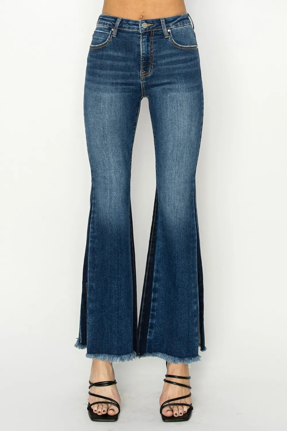 RISEN Full Size High Rise Side Shadow Seam Detail Slit Flare Jeans - Fashorio
