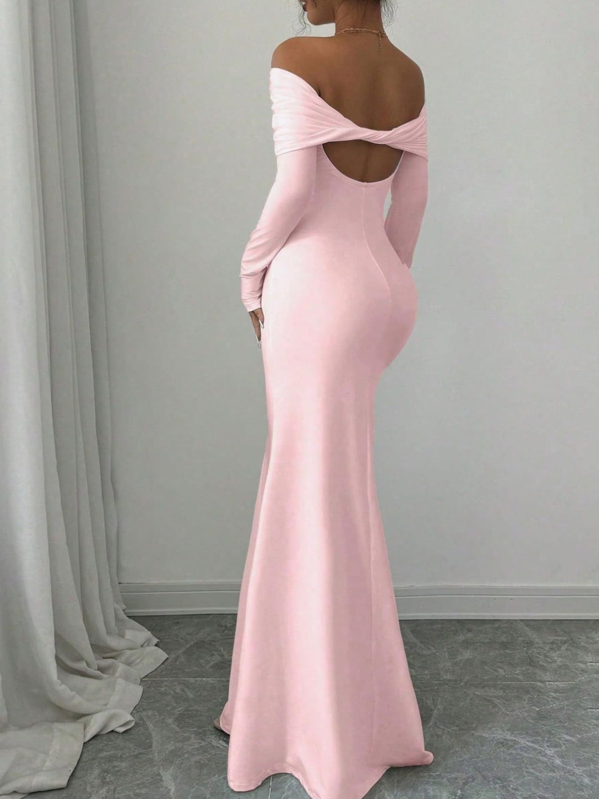 Off shoulder ruched bodycon maxi dress full length view