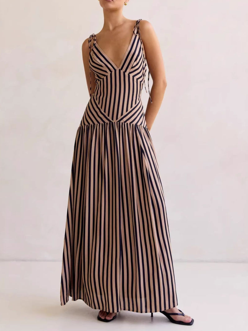 brown brown striped V neck tie shoulder maxi dress front view