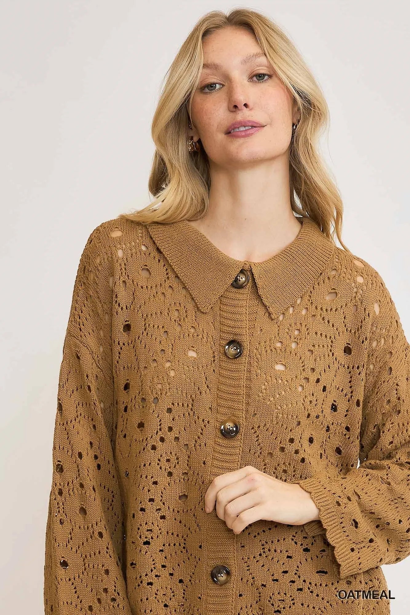 Umgee Crochet Button Down Knit Cardigan - Fashorio