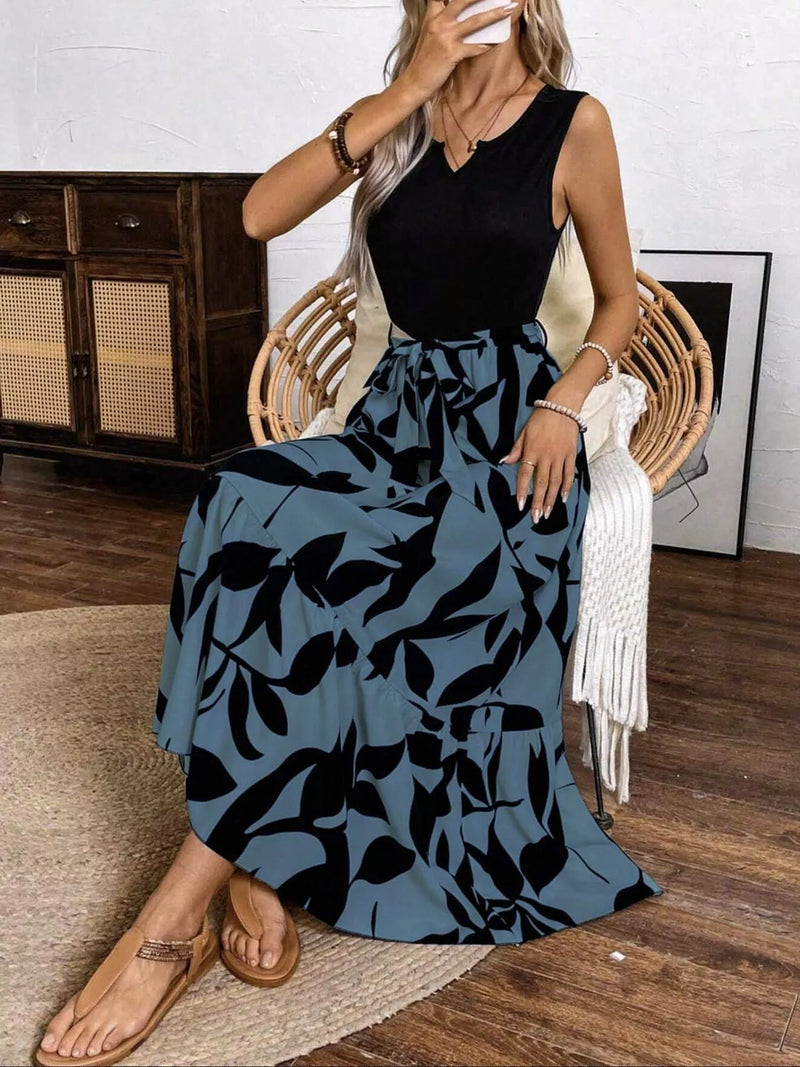 Black sleeveless floral print maxi dress front view