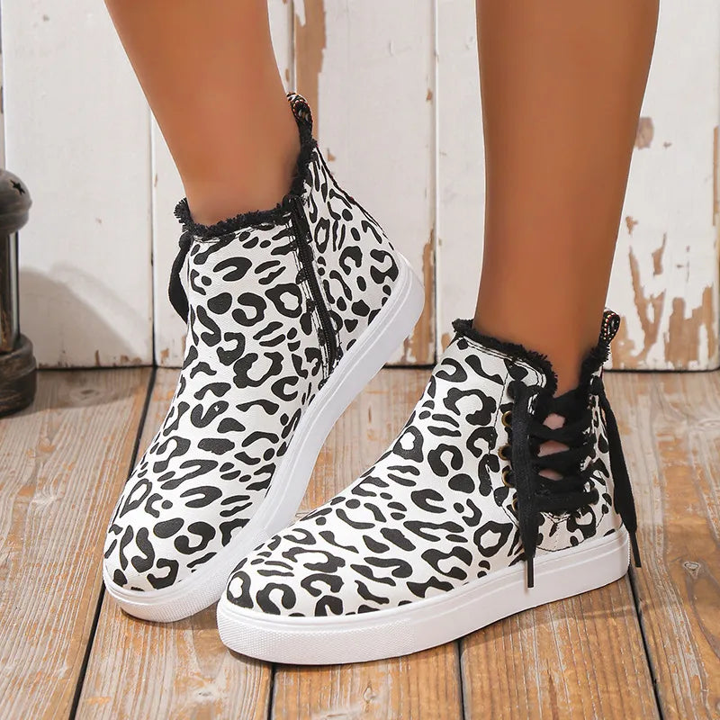 Lace Up Round Toe Canvas Boots with Side Zip paired with denim