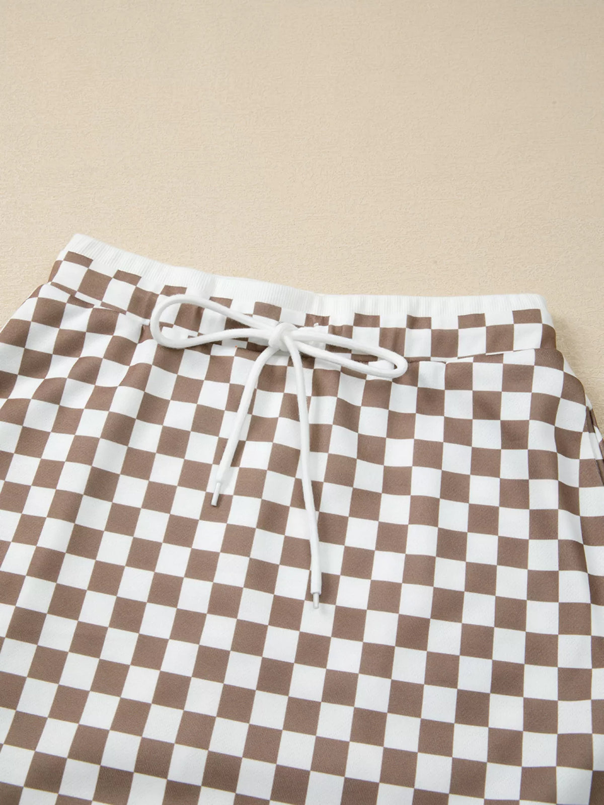 Checkered Print Polo Collar Cropped Long Sleeve Top and Drawstring Mini Skirt Set view 8