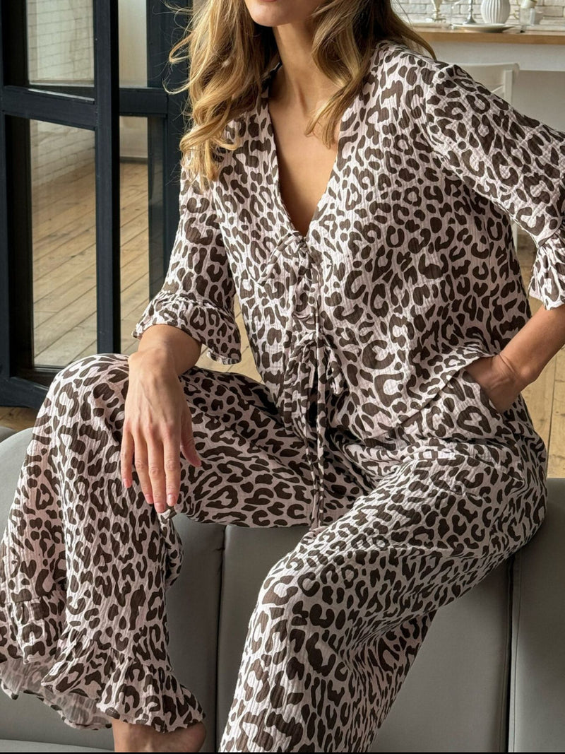 Leopard print ruffle top and pants lounge set front view