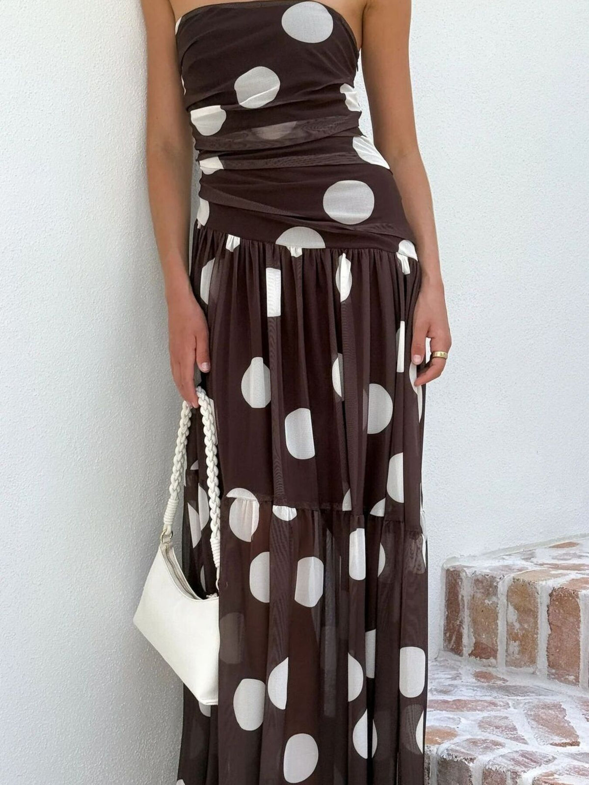 Polka dot strapless ruched maxi dress, sleeve and shoulder detail