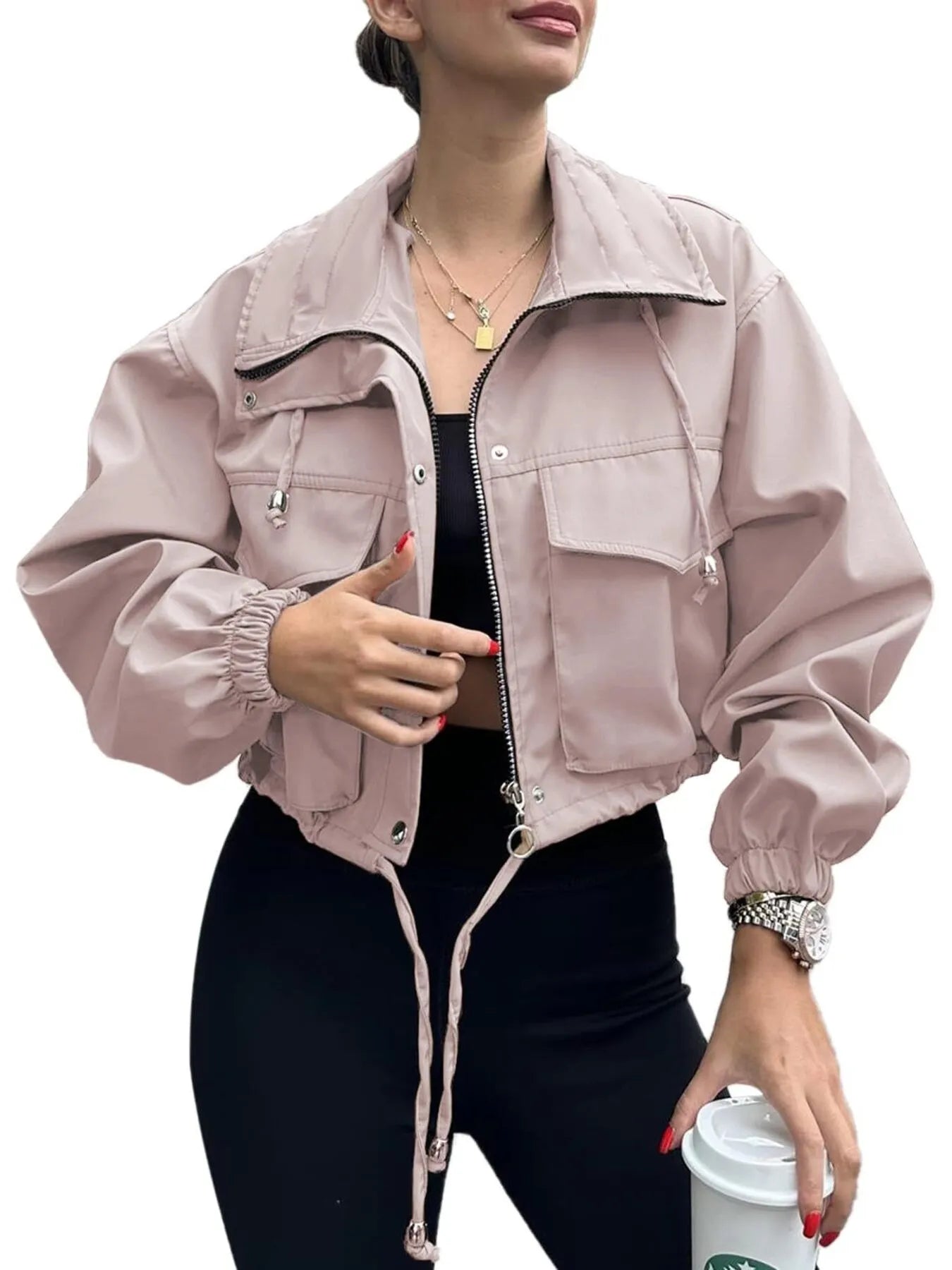 Drawstring Hem Zip Up Jacket - Fashorio