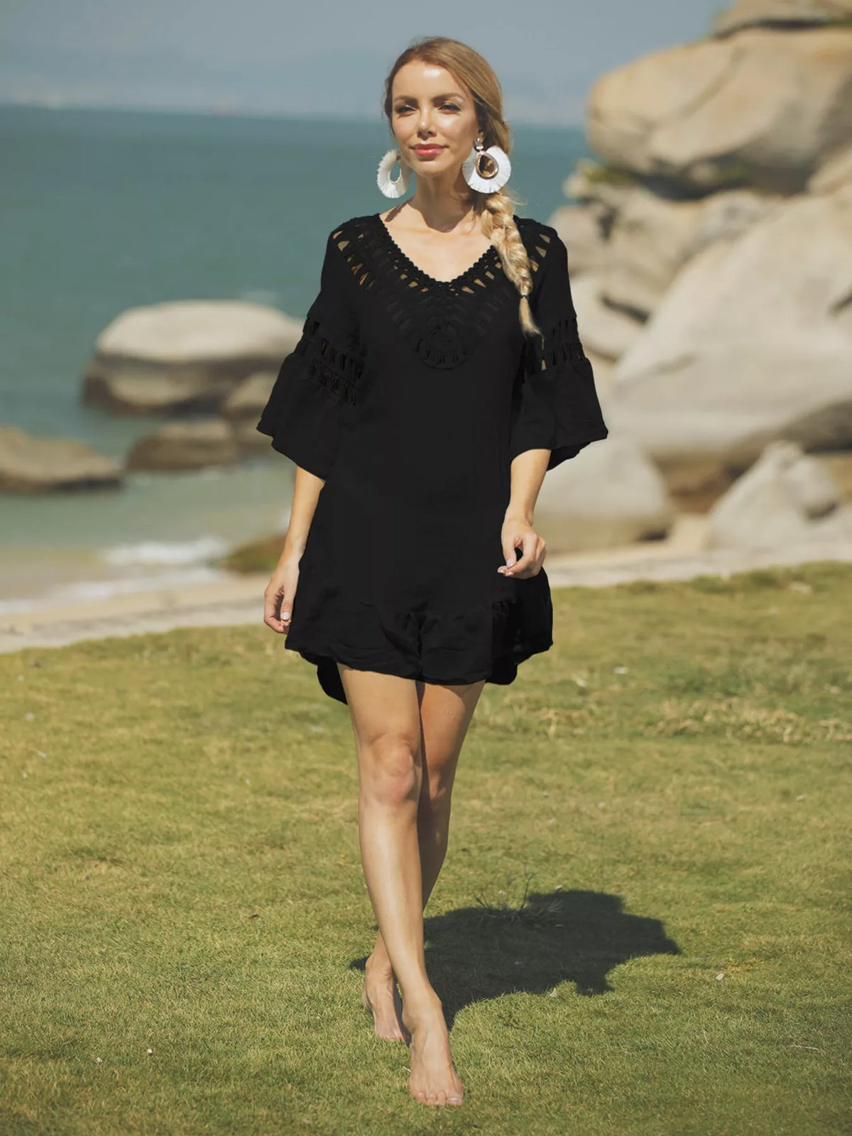 black crochet v neck beach cover up dress close up
