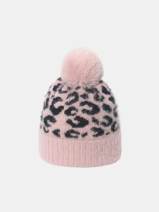 Leopard Hat with Pompom Blush Pink One Size - Fashorio