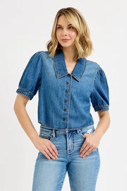 RISEN Button Down Puff Sleeve Crop Denim Shirt - Fashorio