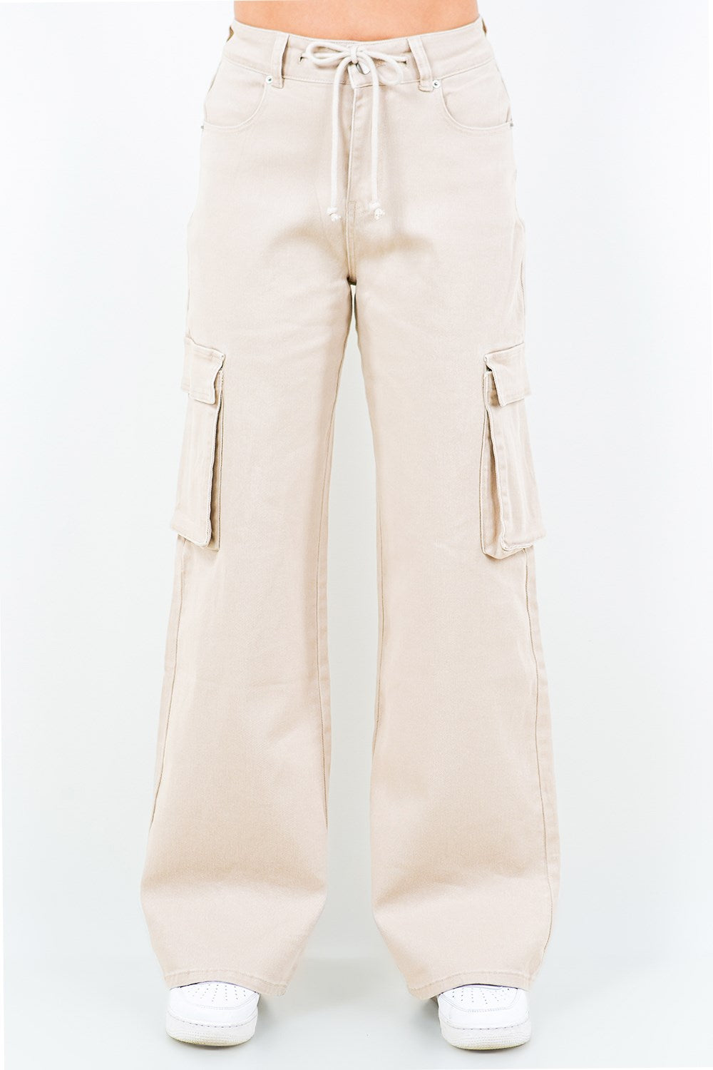 American Bazi Full Size Drawstring Wide Leg Cargo Pants Plus Size Apricot - Fashorio