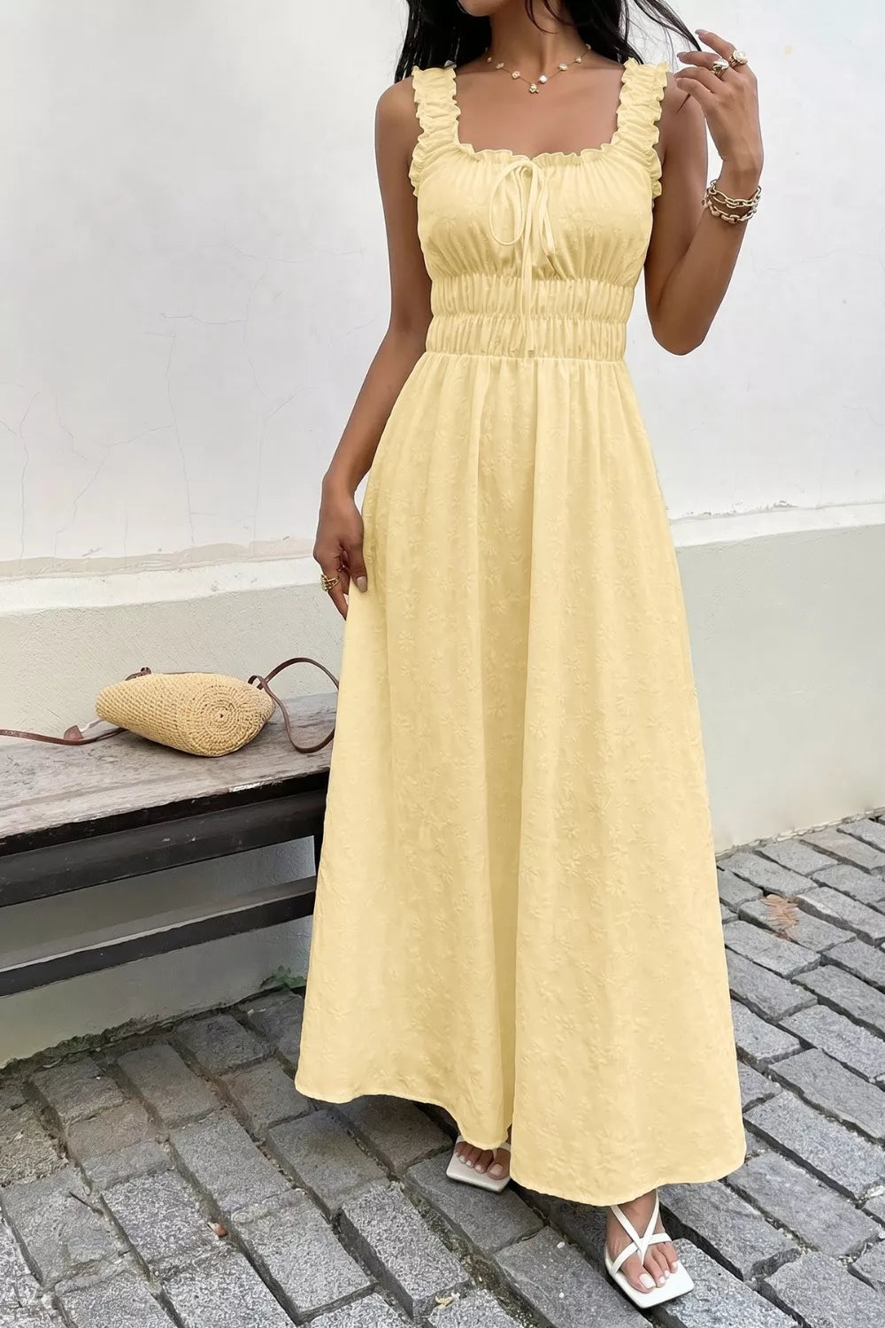 Pastel yellow square neck sleeveless maxi dress back view