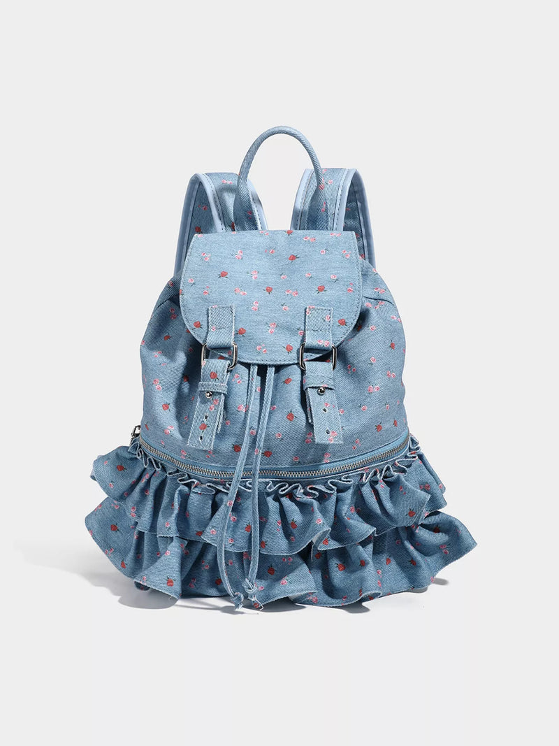 Blue floral ruffle canvas mini backpack front view