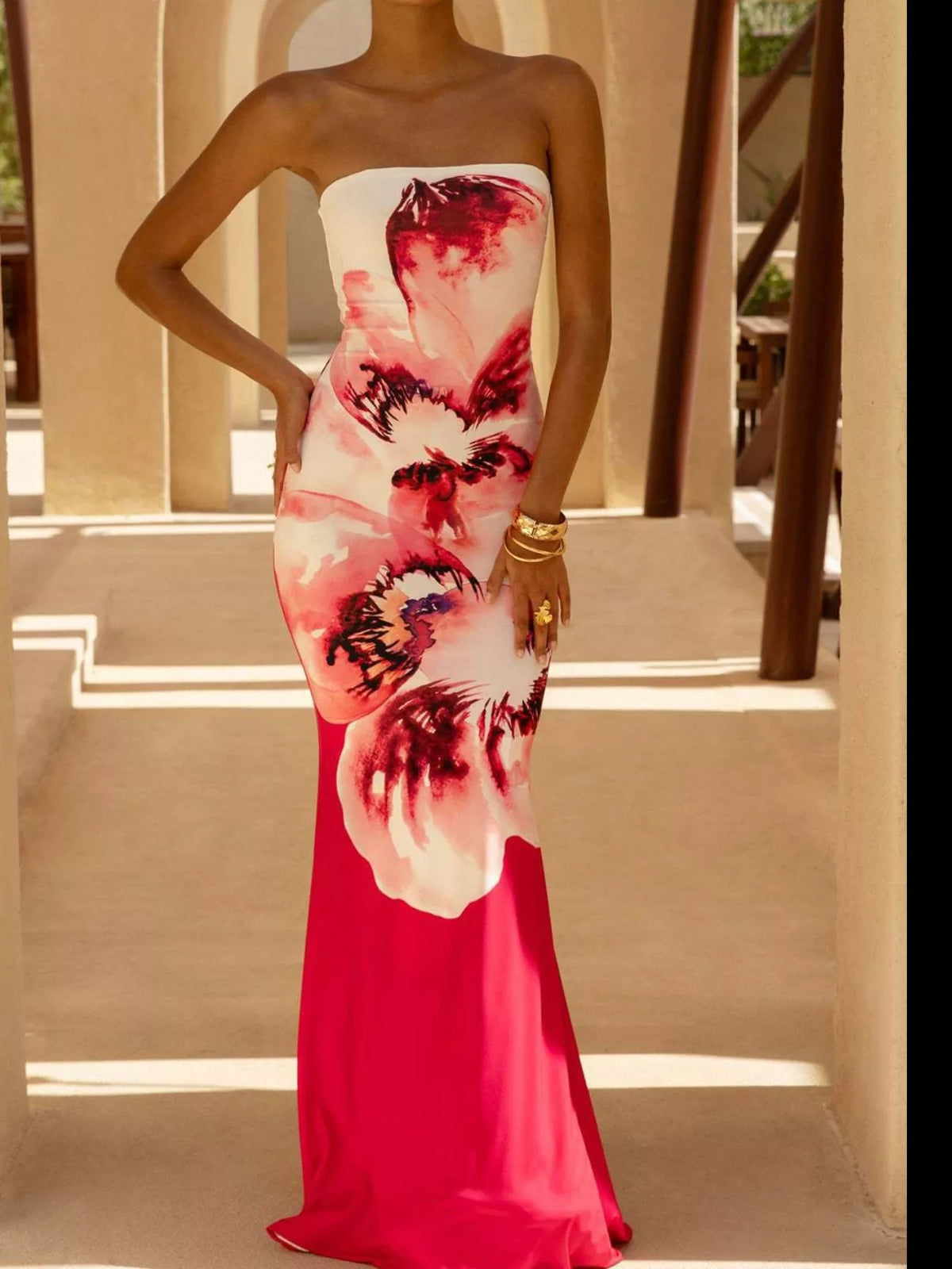 strapless tube bodycon maxi dress hemline detail