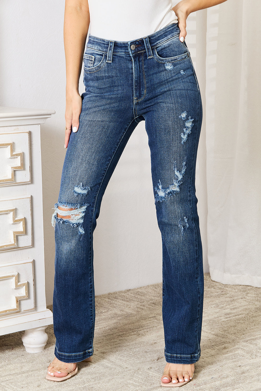 Judy Blue Mid Rise Hand Sand & Destroy Bootcut Jeans – Full Size - Fashorio