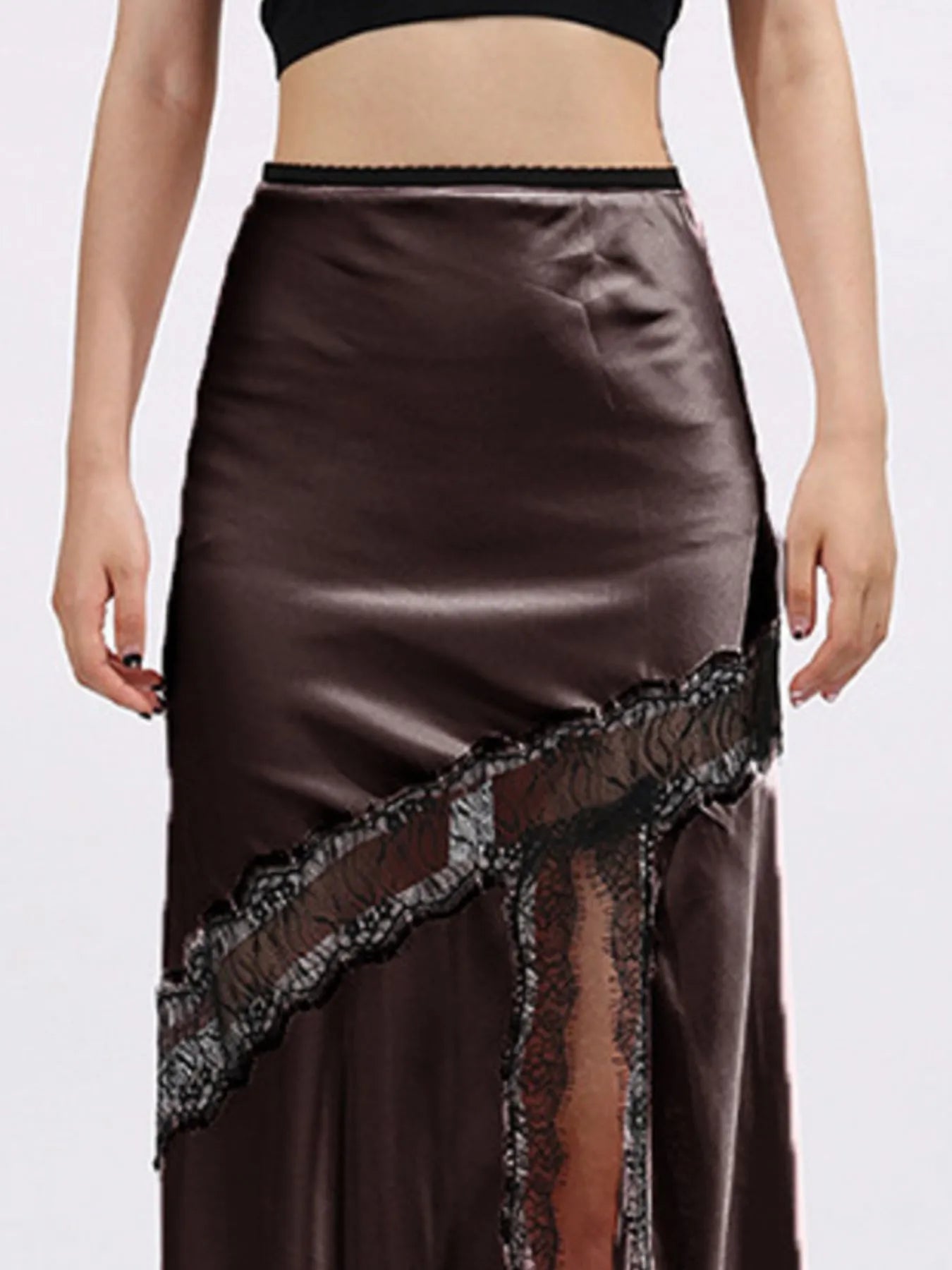 Lace Trim Asymmetrical Midi Skirt - Fashorio