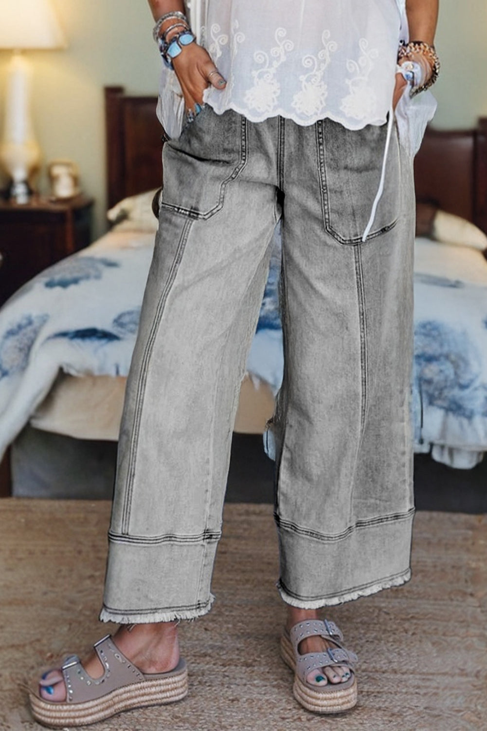 Casual gray wide leg jeans full outfit look