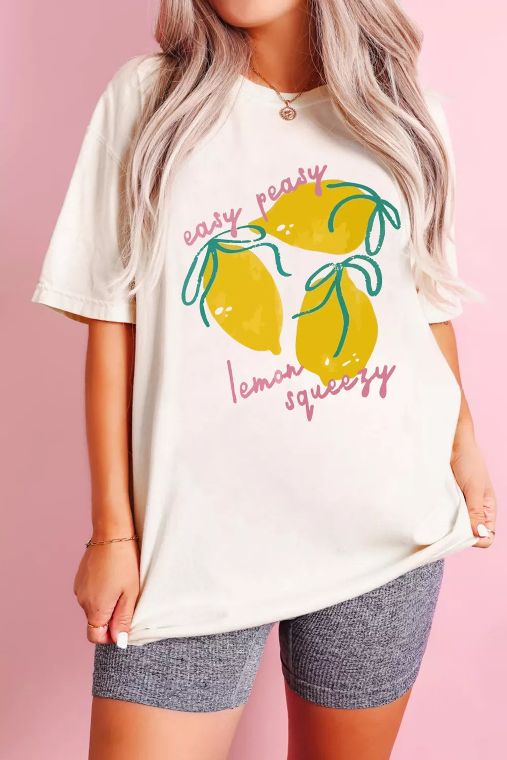 White Easy Peasy Lemon Squeezy graphic tee close up view